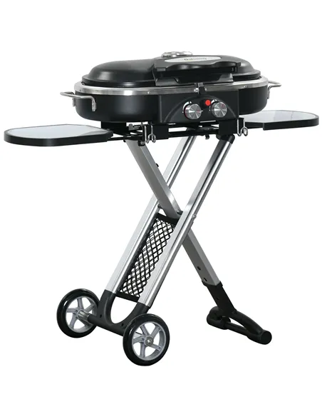 Outsunny Foldable Gas BBQ Grill 2 Burner Garden Barbecue Trolley w/ Lid Side Shelves Storage Pocket Piezo Ignition Thermometer, 