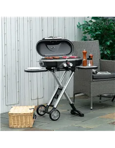 Outsunny Foldable Gas BBQ Grill 2 Burner Garden Barbecue Trolley w/ Lid Side Shelves Storage Pocket Piezo Ignition Thermometer,  2