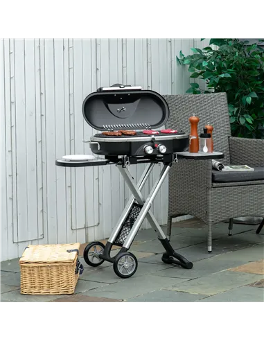 Outsunny Foldable Gas BBQ Grill 2 Burner Garden Barbecue Trolley w/ Lid Side Shelves Storage Pocket Piezo Ignition Thermometer, 