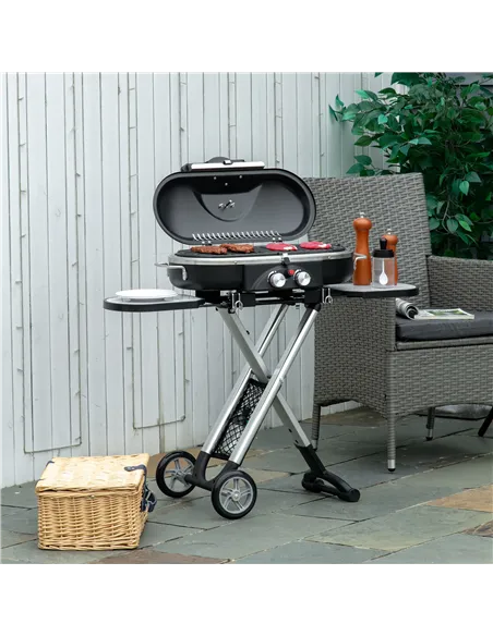 Outsunny Foldable Gas BBQ Grill 2 Burner Garden Barbecue Trolley w/ Lid Side Shelves Storage Pocket Piezo Ignition Thermometer, 