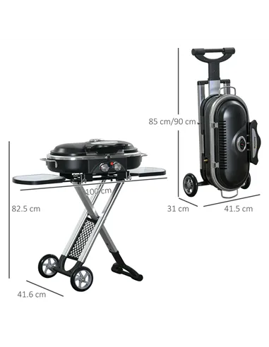 Outsunny Foldable Gas BBQ Grill 2 Burner Garden Barbecue Trolley w/ Lid Side Shelves Storage Pocket Piezo Ignition Thermometer, 