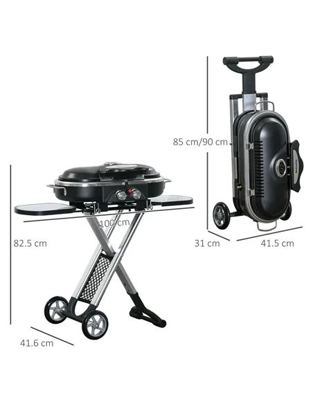 Outsunny Foldable Gas BBQ Grill 2 Burner Garden Barbecue Trolley w/ Lid Side Shelves Storage Pocket Piezo Ignition Thermometer, 