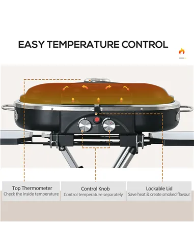 Outsunny Foldable Gas BBQ Grill 2 Burner Garden Barbecue Trolley w/ Lid Side Shelves Storage Pocket Piezo Ignition Thermometer, 