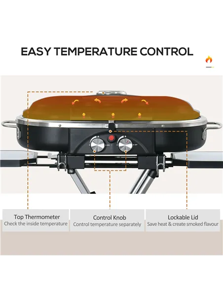 Outsunny Foldable Gas BBQ Grill 2 Burner Garden Barbecue Trolley w/ Lid Side Shelves Storage Pocket Piezo Ignition Thermometer, 