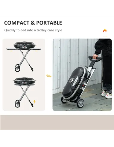 Outsunny Foldable Gas BBQ Grill 2 Burner Garden Barbecue Trolley w/ Lid Side Shelves Storage Pocket Piezo Ignition Thermometer, 