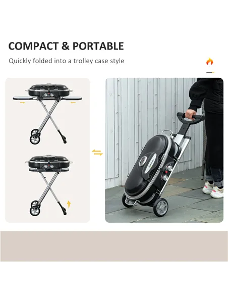 Outsunny Foldable Gas BBQ Grill 2 Burner Garden Barbecue Trolley w/ Lid Side Shelves Storage Pocket Piezo Ignition Thermometer, 