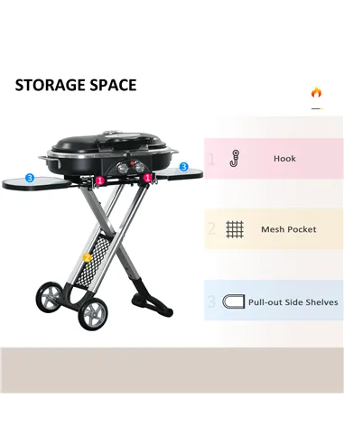 Outsunny Foldable Gas BBQ Grill 2 Burner Garden Barbecue Trolley w/ Lid Side Shelves Storage Pocket Piezo Ignition Thermometer, 
