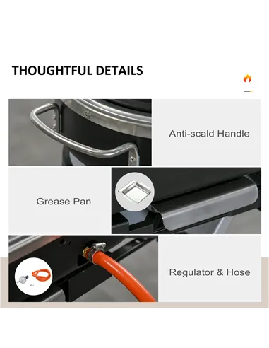 Outsunny Foldable Gas BBQ Grill 2 Burner Garden Barbecue Trolley w/ Lid Side Shelves Storage Pocket Piezo Ignition Thermometer, 