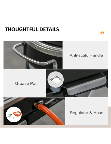 Outsunny Foldable Gas BBQ Grill 2 Burner Garden Barbecue Trolley w/ Lid Side Shelves Storage Pocket Piezo Ignition Thermometer, 