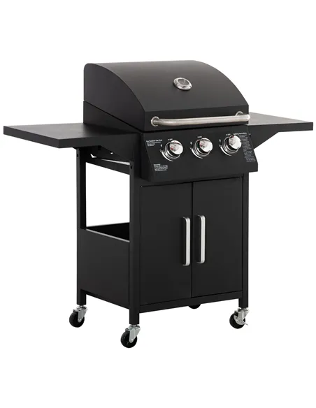 Outsunny 3 Burner Gas BBQ Grill Outdoor Portable Barbecue Trolley w/ Warming Rack, Side Shelves, Storage Cabinet, Thermometer, C