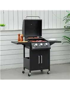 Outsunny 3 Burner Gas BBQ Grill Outdoor Portable Barbecue Trolley w/ Warming Rack, Side Shelves, Storage Cabinet, Thermometer, C 2