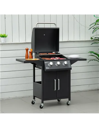 Outsunny 3 Burner Gas BBQ Grill Outdoor Portable Barbecue Trolley w/ Warming Rack, Side Shelves, Storage Cabinet, Thermometer, C