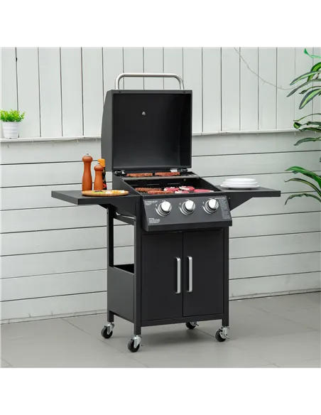Outsunny 3 Burner Gas BBQ Grill Outdoor Portable Barbecue Trolley w/ Warming Rack, Side Shelves, Storage Cabinet, Thermometer, C