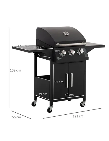 Outsunny 3 Burner Gas BBQ Grill Outdoor Portable Barbecue Trolley w/ Warming Rack, Side Shelves, Storage Cabinet, Thermometer, C