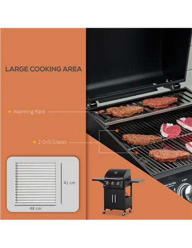 Outsunny 3 Burner Gas BBQ Grill Outdoor Portable Barbecue Trolley w/ Warming Rack, Side Shelves, Storage Cabinet, Thermometer, C