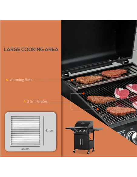 Outsunny 3 Burner Gas BBQ Grill Outdoor Portable Barbecue Trolley w/ Warming Rack, Side Shelves, Storage Cabinet, Thermometer, C