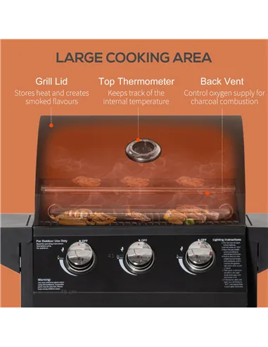 Outsunny 3 Burner Gas BBQ Grill Outdoor Portable Barbecue Trolley w/ Warming Rack, Side Shelves, Storage Cabinet, Thermometer, C