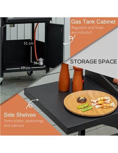 Outsunny 3 Burner Gas BBQ Grill Outdoor Portable Barbecue Trolley w/ Warming Rack, Side Shelves, Storage Cabinet, Thermometer, C