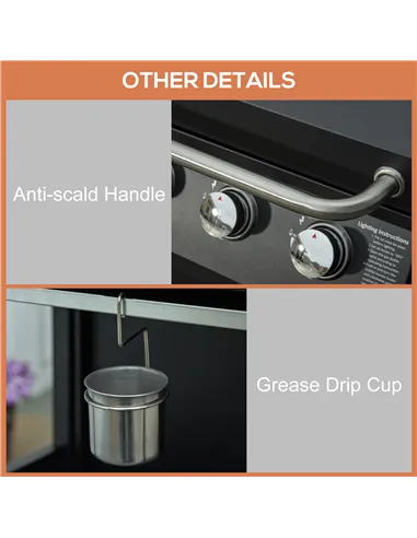 Outsunny 3 Burner Gas BBQ Grill Outdoor Portable Barbecue Trolley w/ Warming Rack, Side Shelves, Storage Cabinet, Thermometer, C