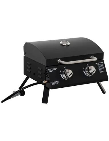 Outsunny 2 Burner Gas BBQ Grill Outdoor Portable Folding Tabletop Barbecue w/ Lid, Thermometer, Carbon Steel, Black
