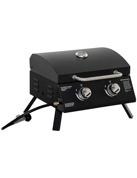 Outsunny 2 Burner Gas BBQ Grill Outdoor Portable Folding Tabletop Barbecue w/ Lid, Thermometer, Carbon Steel, Black