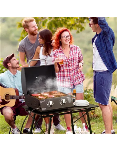 Outsunny 2 Burner Gas BBQ Grill Outdoor Portable Folding Tabletop Barbecue w/ Lid, Thermometer, Carbon Steel, Black