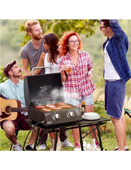 Outsunny 2 Burner Gas BBQ Grill Outdoor Portable Folding Tabletop Barbecue w/ Lid, Thermometer, Carbon Steel, Black