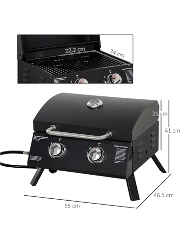 Outsunny 2 Burner Gas BBQ Grill Outdoor Portable Folding Tabletop Barbecue w/ Lid, Thermometer, Carbon Steel, Black