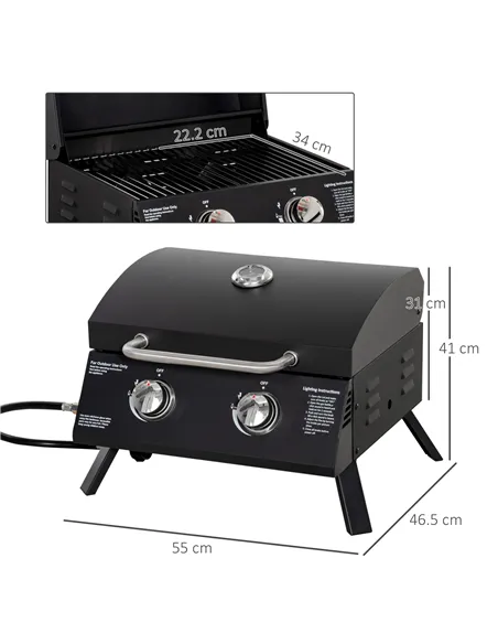 Outsunny 2 Burner Gas BBQ Grill Outdoor Portable Folding Tabletop Barbecue w/ Lid, Thermometer, Carbon Steel, Black