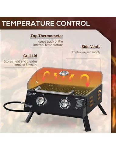 Outsunny 2 Burner Gas BBQ Grill Outdoor Portable Folding Tabletop Barbecue w/ Lid, Thermometer, Carbon Steel, Black