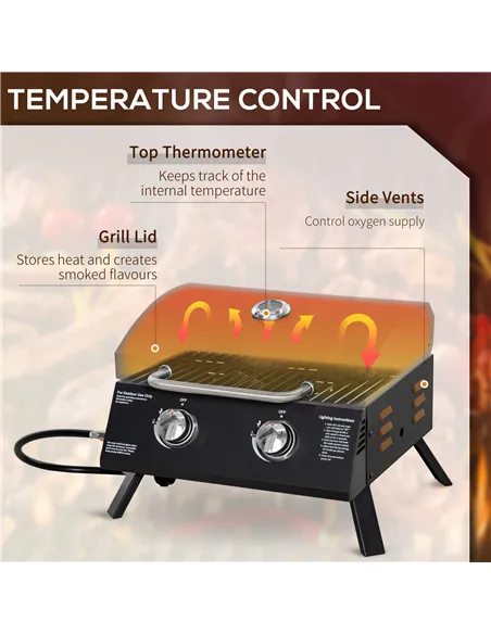 Outsunny 2 Burner Gas BBQ Grill Outdoor Portable Folding Tabletop Barbecue w/ Lid, Thermometer, Carbon Steel, Black