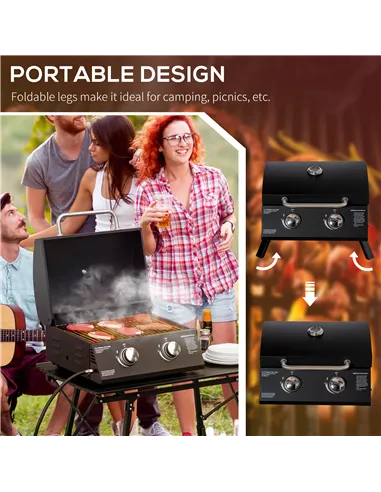 Outsunny 2 Burner Gas BBQ Grill Outdoor Portable Folding Tabletop Barbecue w/ Lid, Thermometer, Carbon Steel, Black