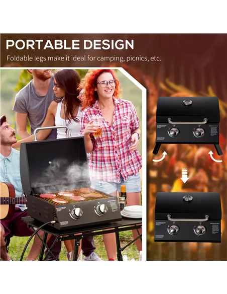 Outsunny 2 Burner Gas BBQ Grill Outdoor Portable Folding Tabletop Barbecue w/ Lid, Thermometer, Carbon Steel, Black