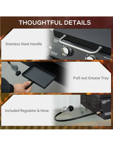 Outsunny 2 Burner Gas BBQ Grill Outdoor Portable Folding Tabletop Barbecue w/ Lid, Thermometer, Carbon Steel, Black