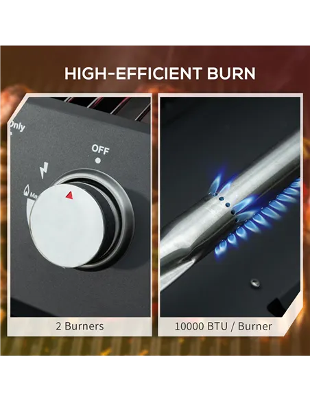 Outsunny 2 Burner Gas BBQ Grill Outdoor Portable Folding Tabletop Barbecue w/ Lid, Thermometer, Carbon Steel, Black