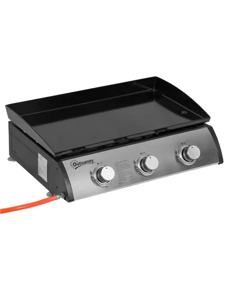 Outsunny Gas Plancha Grill with 3 Stainless Steel Burner, 9kW, Portable Tabletop Gas BBQ with Non-Stick Griddle for Camping Picn
