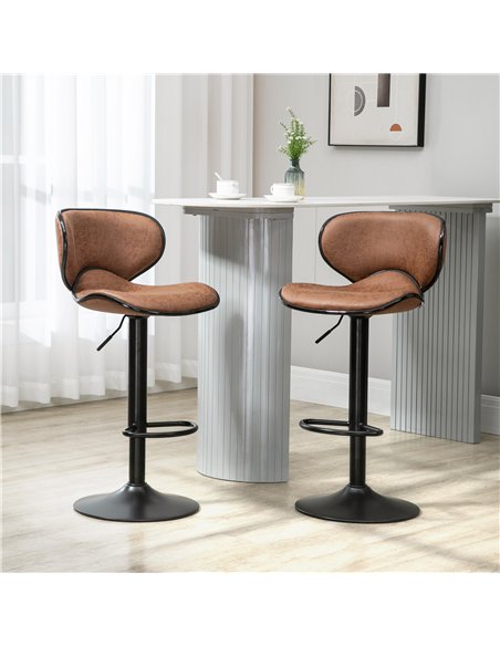 HOMCOM Bar Stool Set of 2 Microfiber Cloth Adjustable Height Armless Chairs with Swivel Seat, Brown