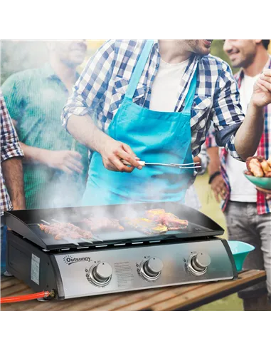 Outsunny Gas Plancha Grill with 3 Stainless Steel Burner, 9kW, Portable Tabletop Gas BBQ with Non-Stick Griddle for Camping Picn