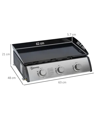 Outsunny Gas Plancha Grill with 3 Stainless Steel Burner, 9kW, Portable Tabletop Gas BBQ with Non-Stick Griddle for Camping Picn