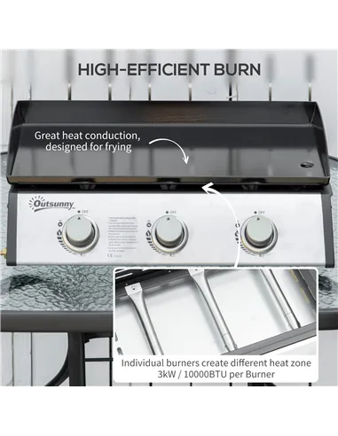 Outsunny Gas Plancha Grill with 3 Stainless Steel Burner, 9kW, Portable Tabletop Gas BBQ with Non-Stick Griddle for Camping Picn