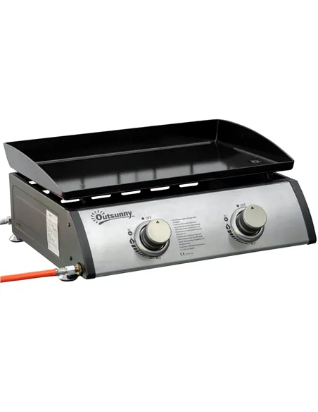 Outsunny Gas Plancha Grill with 2 Stainless Steel Burner, 6kW, Portable Tabletop Gas BBQ with Non-Stick Griddle for Camping Picn