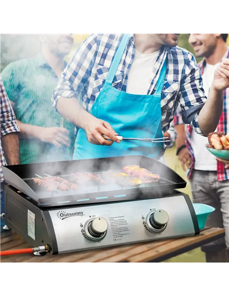 Outsunny Gas Plancha Grill with 2 Stainless Steel Burner, 6kW, Portable Tabletop Gas BBQ with Non-Stick Griddle for Camping Picn