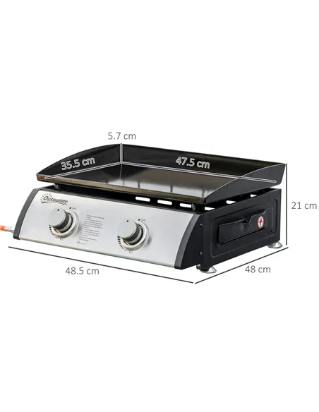 Outsunny Gas Plancha Grill with 2 Stainless Steel Burner, 6kW, Portable Tabletop Gas BBQ with Non-Stick Griddle for Camping Picn