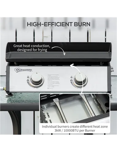 Outsunny Gas Plancha Grill with 2 Stainless Steel Burner, 6kW, Portable Tabletop Gas BBQ with Non-Stick Griddle for Camping Picn