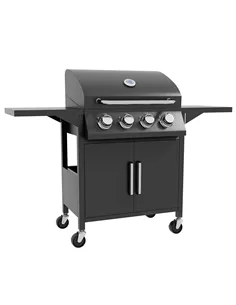 Outsunny 4 Burner Gas BBQ Grill Outdoor Portable Barbecue Trolley w/ Warming Rack, Side Shelves, Storage Cabinet, Thermometer