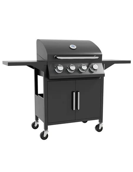 Outsunny 4 Burner Gas BBQ Grill Outdoor Portable Barbecue Trolley w/ Warming Rack, Side Shelves, Storage Cabinet, Thermometer