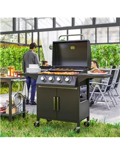 Outsunny 4 Burner Gas BBQ Grill Outdoor Portable Barbecue Trolley w/ Warming Rack, Side Shelves, Storage Cabinet, Thermometer 2
