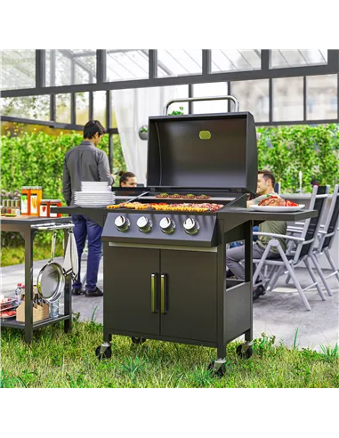 Outsunny 4 Burner Gas BBQ Grill Outdoor Portable Barbecue Trolley w/ Warming Rack, Side Shelves, Storage Cabinet, Thermometer