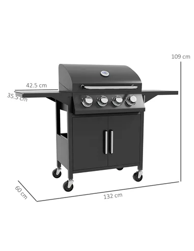 Outsunny 4 Burner Gas BBQ Grill Outdoor Portable Barbecue Trolley w/ Warming Rack, Side Shelves, Storage Cabinet, Thermometer