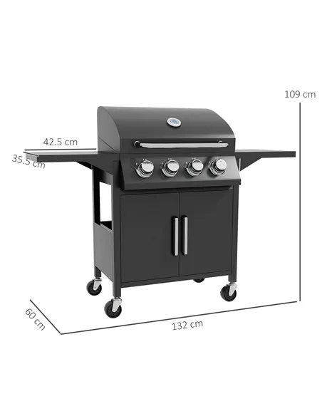 Outsunny 4 Burner Gas BBQ Grill Outdoor Portable Barbecue Trolley w/ Warming Rack, Side Shelves, Storage Cabinet, Thermometer